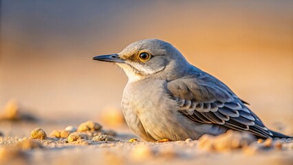 A captivating close-up features a gray bird on sunlit sandy ground, revealing its beautiful details. This nature photography illustrates the tranquility of wildlife in its environment.