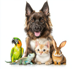happy dog, cat, rabbit, parrot, and lizard together, showcasing friendship and diversity among pets
