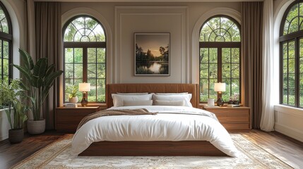 Modern bedroom design featuring large windows with views of greenery and elegant decor elements in a serene environment