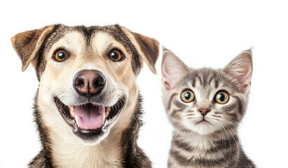 happy dog and curious cat pose together, showcasing their friendship. Their expressions convey joy and curiosity, making this heartwarming image