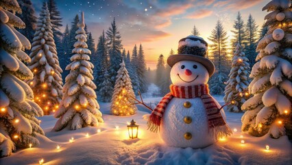 Naklejka premium A cheerful snowman stands amidst a magical Christmas landscape, surrounded by snowy trees adorned with warm, twinkling lights, creating a cozy and festive atmosphere.