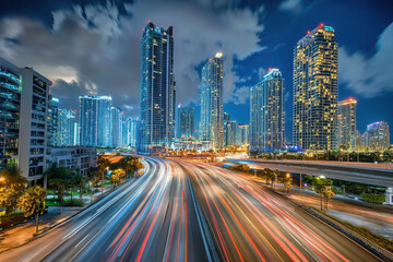 Fototapeta premium Vibrant urban skyline at night with illuminated skyscrapers and streaking lights of traffic on a bustling highway, creating a lively metropolis scene.