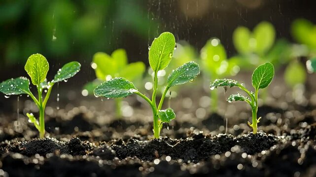 Several small, vibrant green seedlings are growing in rich dark soil