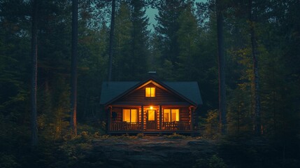 Illuminated cabin in a dark forest at night.
