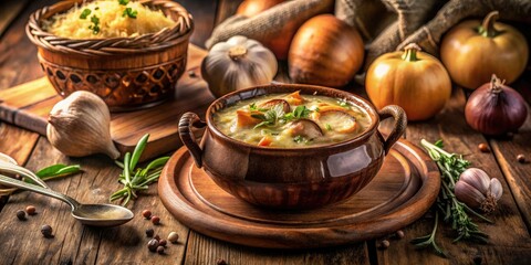 A cozy rustic kitchen showcases traditional French onion soup, featuring sweet caramelized onions, savory broth, and bubbling cheese. A delightful embrace of comfort food.