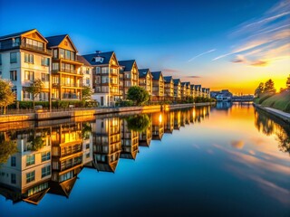 Obraz premium Tranquil Dusk Reflection: Residential Buildings and Calm River Under Blue Sky with Golden Sunset Glow