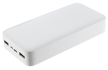 White power bank isolated on a transparent background. Portable battery. Completely in focus.