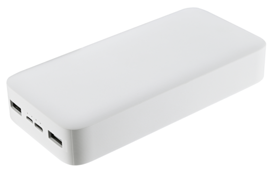 White power bank isolated on a transparent background. Portable battery. Completely in focus.