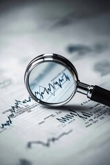 Magnifying glass focusing on a detailed financial report with graphs and data, symbolizing analysis, precision, and financial scrutiny