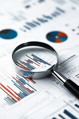 Magnifying glass emphasizing bar and pie charts on a financial report, illustrating data analysis, economic insights, and financial decision-making