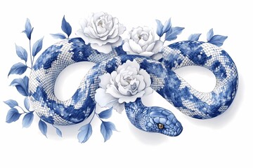 Ancient Asian Art Inspired Blue and White Porcelain Snake Illustration for Chinese New Year 2025