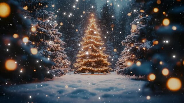 33 seconds of computer 3D generated falling snow and AI generated Christmas tree  decorations and bokeh background, horizontal format HD video 