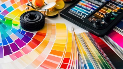 A flat lay of color swatches, a color guide, and a colorimeter on a white background.