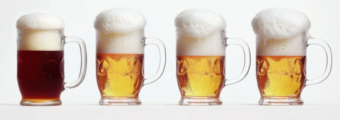Frothy beer mugs in various shades, showcasing different types of beer. rich colors and textures create refreshing and inviting atmosphere