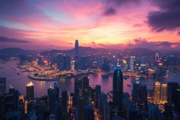 Fototapeta premium A breathtaking cityscape view of a vibrant metropolis at dusk, with skyscrapers illuminated against a stunning pink and purple sunset sky.