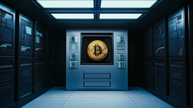 Symbolic Bitcoin vault representing safe storage and the growing necessity to protect cryptocurrency investments from cybercrime in the evolving financial landscape