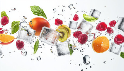 vibrant splash of fruits and ice cubes, featuring raspberries, oranges, and kiwi, creating refreshing and lively scene