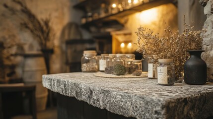 Rustic kitchen setting featuring a stone table adorned with glass jars of herbs and spices, warm ambient lighting, and natural decor elements for a cozy atmosphere