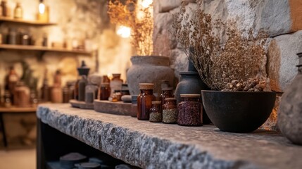 Cozy Rustic Kitchen Interior with Spice Jars, Natural Decor, and Warm Lighting in a Traditional Stone Setting for Culinary Inspiration and Home Aesthetics