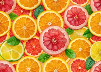 Fototapeta premium A lively, continuous pattern featuring fresh orange and grapefruit slices, perfect for fashion textiles and home decor, adding a refreshing touch to any space.
