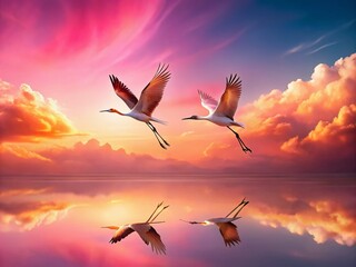 Fototapeta premium Two Vibrant Birds in Flight Against a Minimalist Pink Background, Capturing the Essence of Duality, Connection, and Renewal in Nature’s Splendor