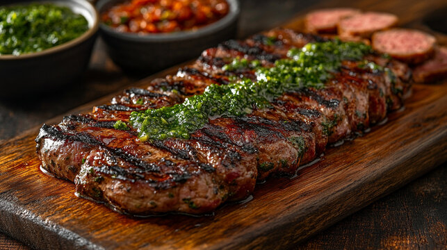 Argentinian asado with grilled meats, chorizo, and chimichurri sauce, served on a wooden board