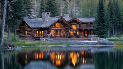 Obraz premium Rustic log cabin with open windows, lake reflections nearby