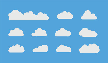 Flat cloud. Simple cloudy shapes. Cartoon white puffy, fluffy and cumulus clouds in blue sky. Abstract comic weather elements. Objects cloudscape for game. Vector collection.