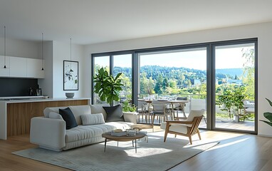 Fototapeta premium Modern living room open to balcony with nature view.