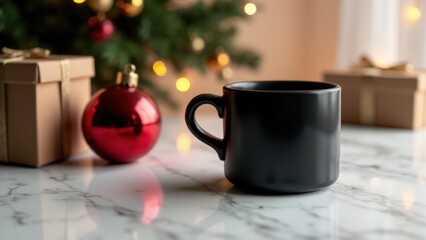 Fototapeta premium A detailed mug and bauble mockup showcasing a black ceramic mug with a festive bauble on a sleek surface.