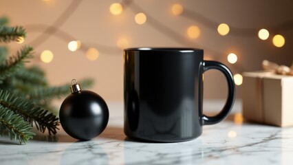 Obraz premium A photorealistic holiday box mockup featuring a minimalist gift box, black mug, and glossy ornament.