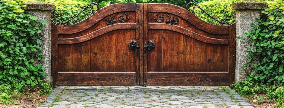 Elegant wooden double gate at the entrance of modern private houses in Loppy Trails, Germany on a sunny day