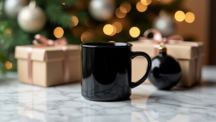 Obraz premium A stylish Christmas details mockup showcasing a sleek black mug, shiny bauble, and gift box.