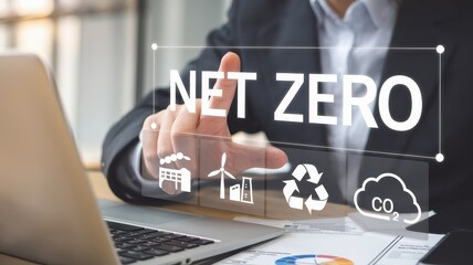 Net Zero Concept Showcased Through Renewable Energy Symbols and Environmental Icons