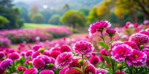 Vibrant Magenta Flowers in Dalat Flower Park, Vietnam: A Stunning Display of Nature's Beauty with a High Depth of Field Focus on Blooming Flora and Lush Greenery