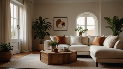 Here's a description and keywords suitable for a stock photo site.. Serene living room with beige sectional sofa, wooden coffee table, and potted plants.