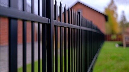 A close-up view of an elegant black metal fence outside a charming red brick house in a serene garden setting with lush greenery