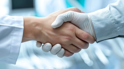 Two healthcare workers in gloves shake hands to signify partnership and teamwork in a hospital environment