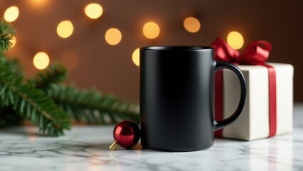 A photorealistic modern festive mockup with elegant Christmas decor on a marble surface.