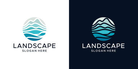 landscape design logo. abstract mountain logo with sea water design in colorful style. vector symbol icon