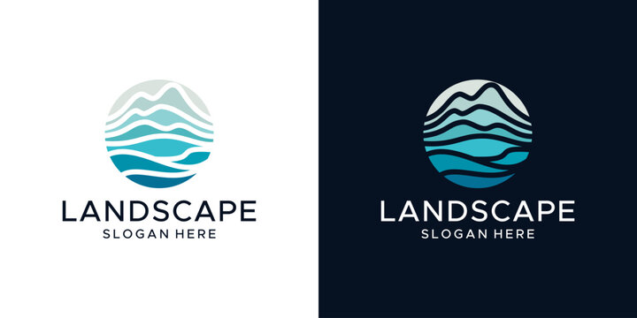 landscape design logo. abstract mountain logo with sea water design in colorful style. vector symbol icon