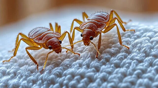 Close-up view of two adult bed bugs on a light-colored, textured fabric