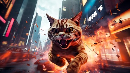 Angry Cat in City Chaos: A fierce tabby cat with wide, angry eyes runs through a chaotic cityscape engulfed in flames and destruction, creating a surreal and action-packed scene. 