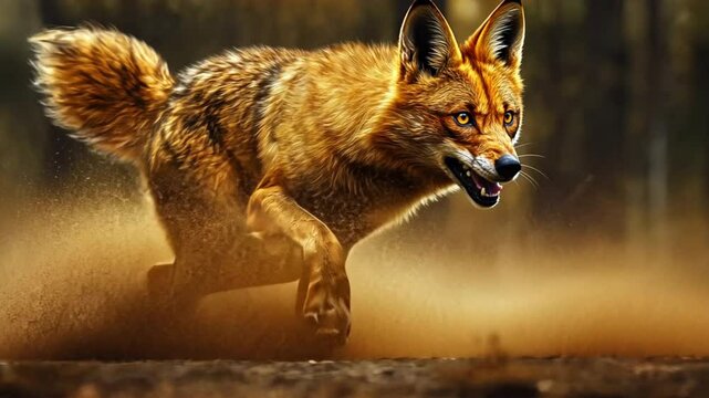 Dhole in action, hunting in the wild with intense focus and dynamic motion.
