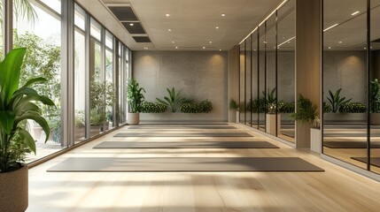 Modern yoga studio interior, spacious design with neatly aligned yoga mats, expansive mirror wall reflecting a serene and inviting atmosphere for practice.
