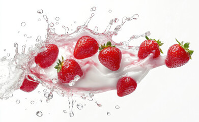 Fresh strawberries splashing in milk create vibrant and dynamic scene. combination of red fruit and white liquid evokes sense of freshness and vitality