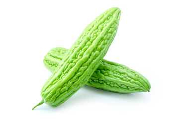 Group of fresh Chinese bitter gourd or Chinese bitter melon isolated on white background with clipping path close up stacking.