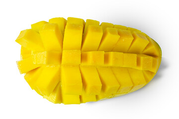 Ripe sliced mango fruit isolated on white background with clipping path top view flat lay closed up.