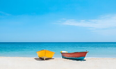 Fototapeta premium Two colorful local boat parks on the beach and blue sky background, Generative AI 