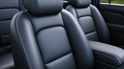 Obraz premium Luxurious black leather interior of a modern SUV showcasing detailed stitching and sleek design in a dark setting